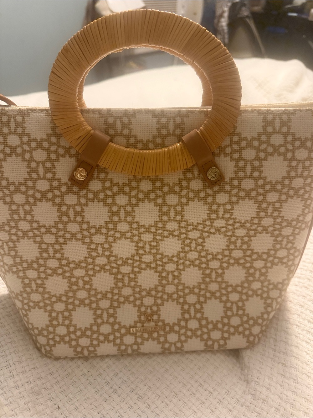 Spartina 449 Cream and Tan Geometric Ring-Handle Tote with Wrapped Round Handles